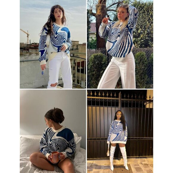 Mens Oversized Knit Sweater Graphic Crewneck Pullover Casual Streetwear - Picture 3 of 7